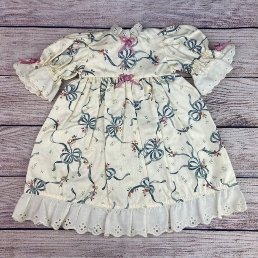 Handmade Vintage Doll Dress Cream with Ribbon and Floral Print Fabric